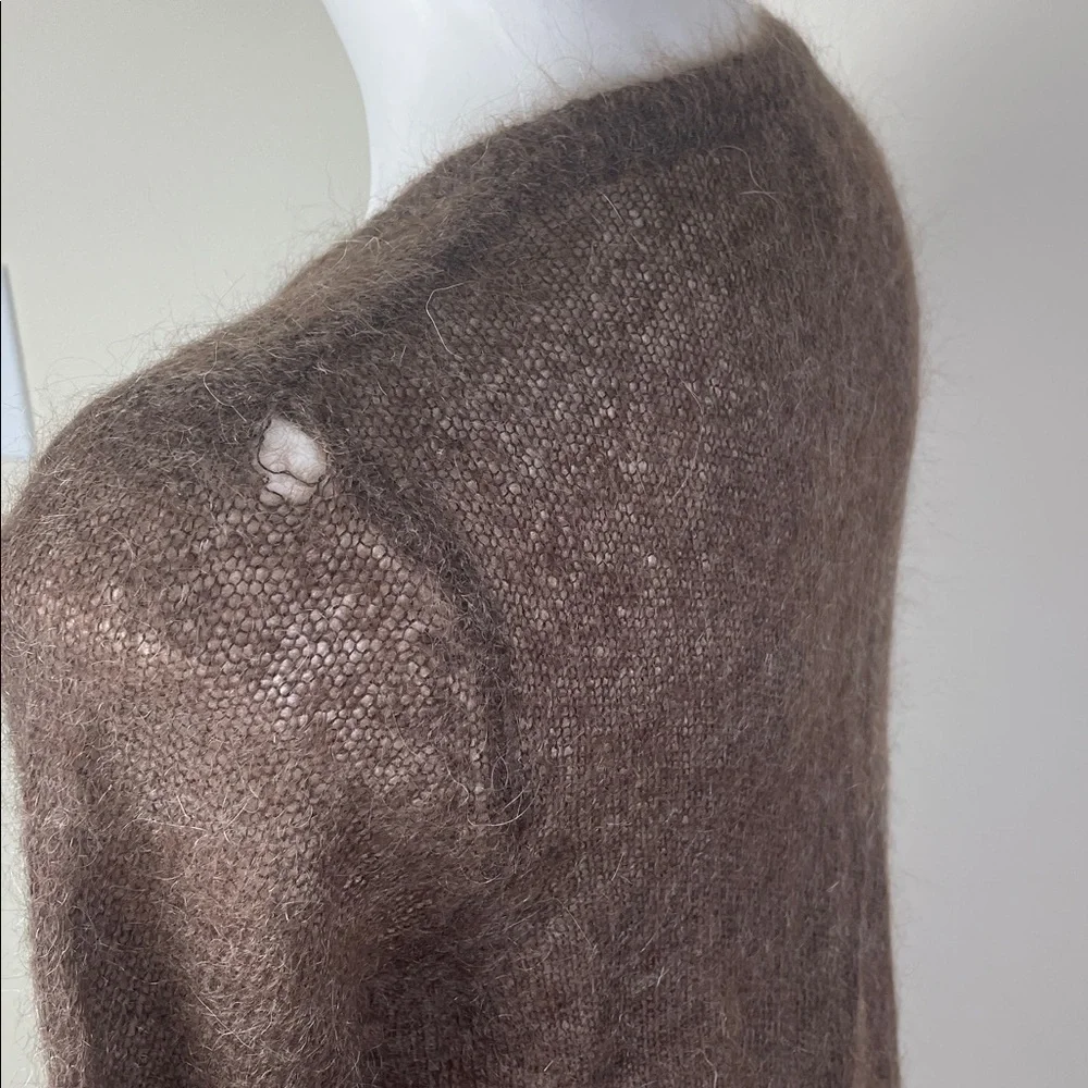Super Fuzzy Sheer Mohair V-Neck Sweater Brown Distressed